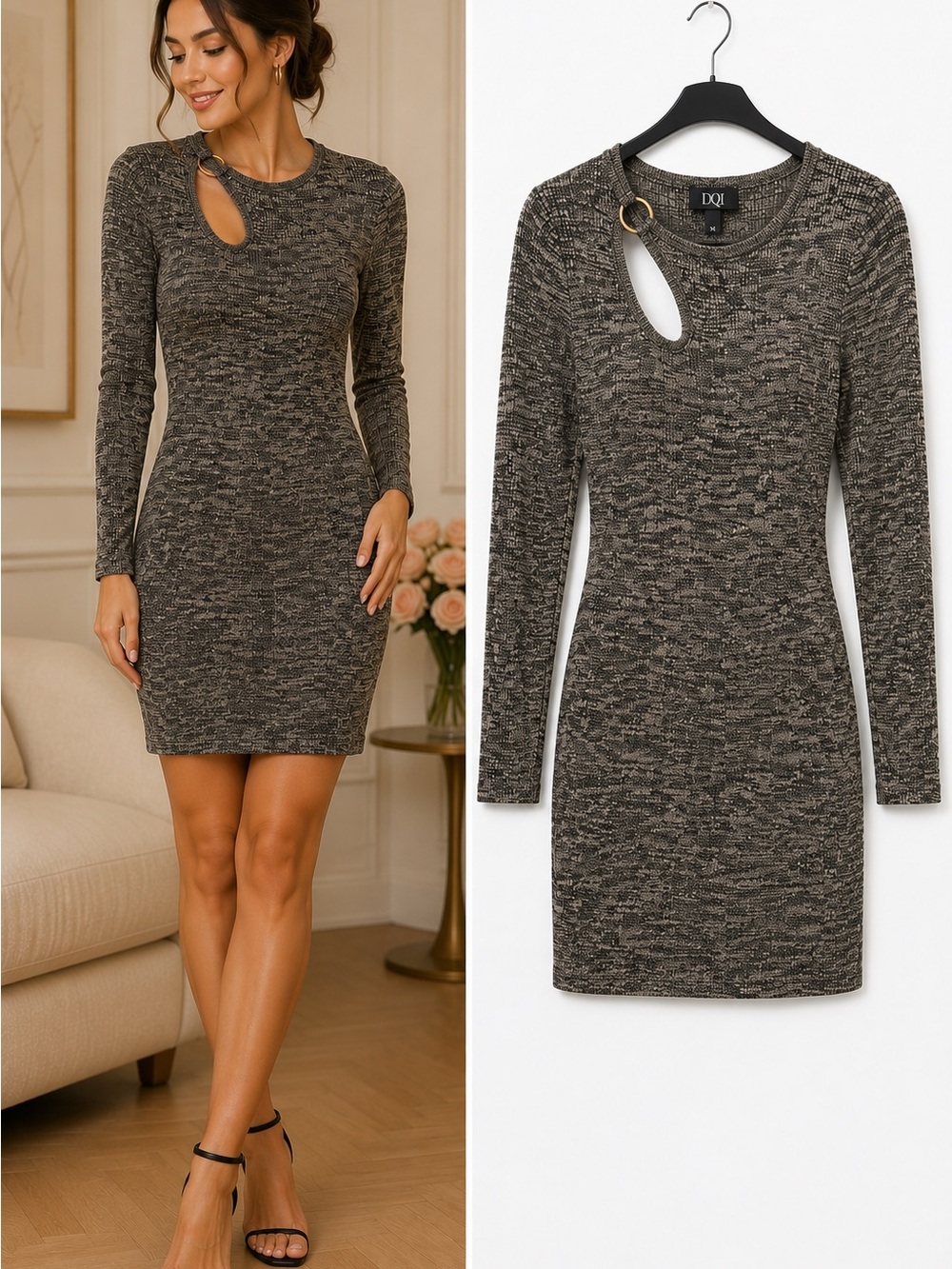 Derek Heart Knit Bodycon Dress Gray Black Cutout Long Sleeve Women’s XL